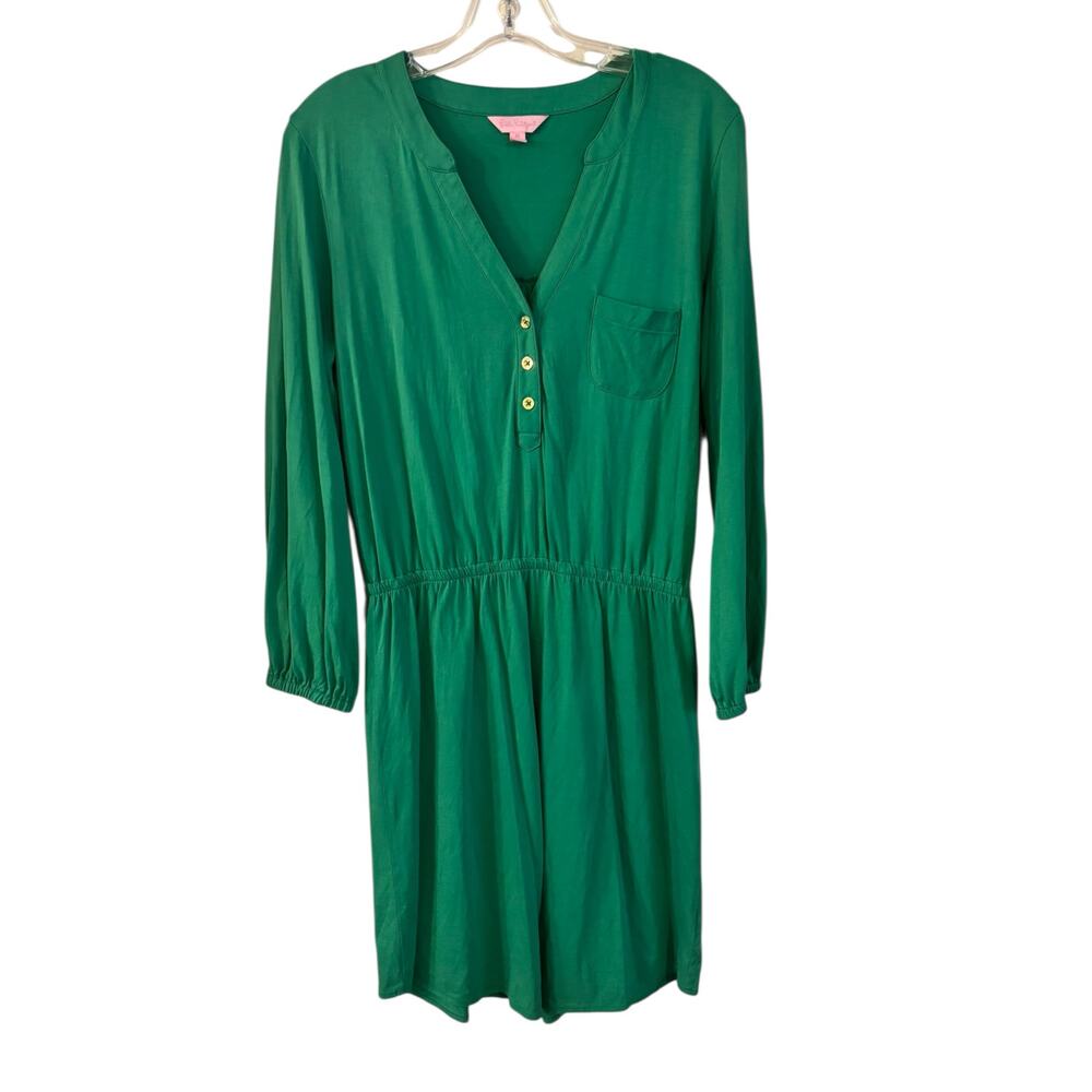 Lilly Pulitzer Beckett Shirt Dress Solid Kelly Green Henley 3/4 Sleeve Medium